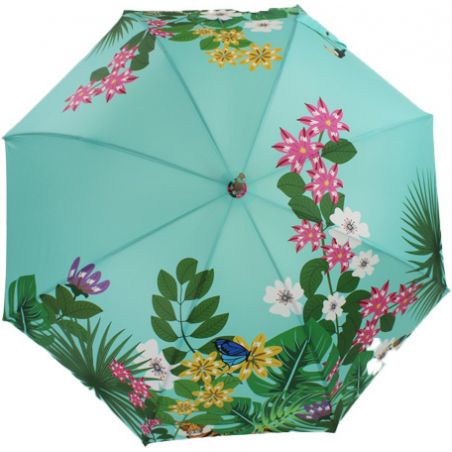 Parapluie canne fleurs jungle vert céladon fabrication française