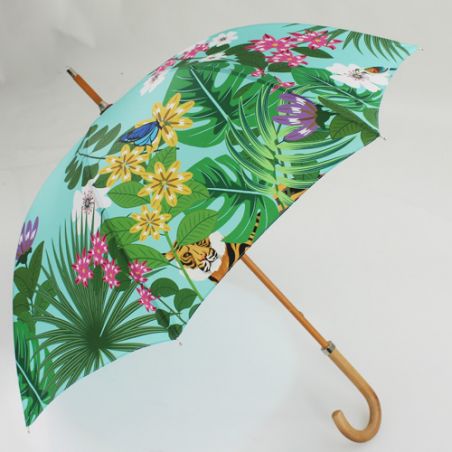 Parapluie canne fleurs jungle vert céladon fabrication française