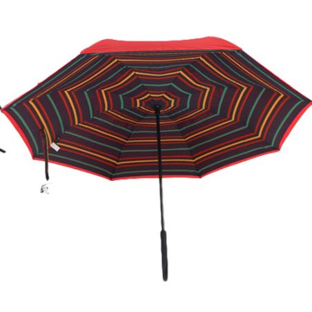 Parapluie inversé rouge rayures multicolores