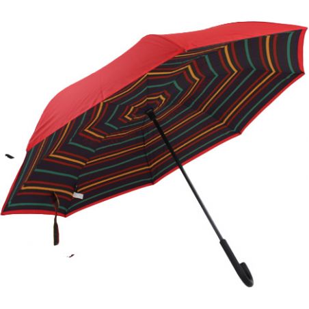 Parapluie inversé rouge rayures multicolores